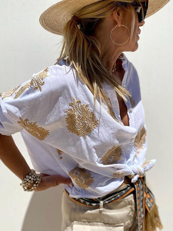 Casual embroidered cotton and linen shirt top