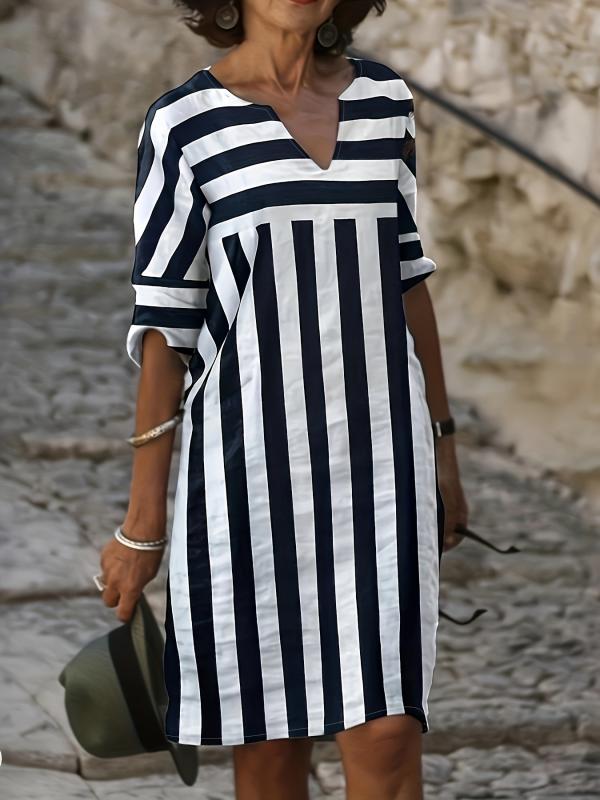 Striped Print Simple Dress, Casual Notched Neck Half Sleeve Dress