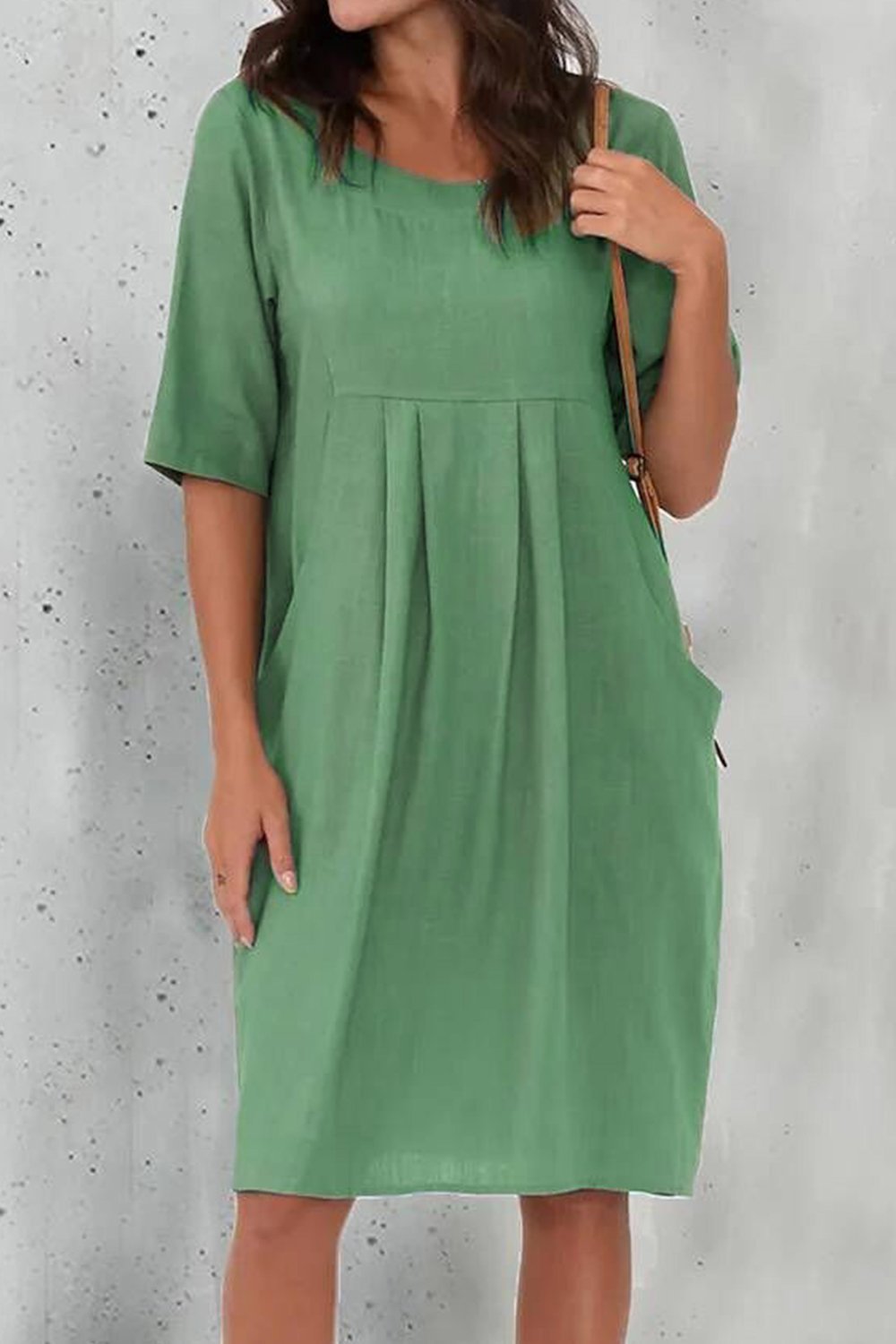 Cotton and Linen Pleated Pocket Casual Dress