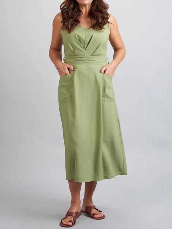 Solid color cotton and linen sleeveless dress