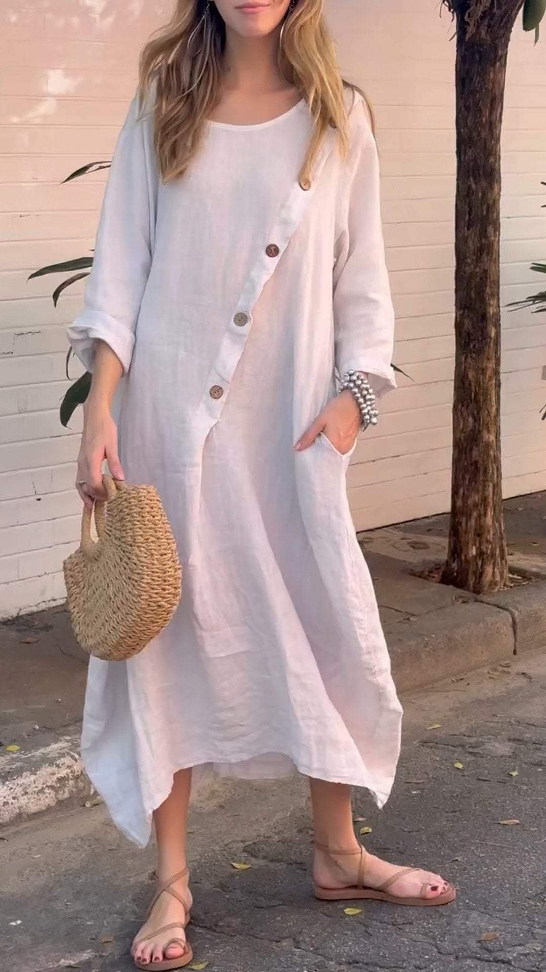 Women's Round Neck Long Sleeve Button Casual Cotton and Linen Dress