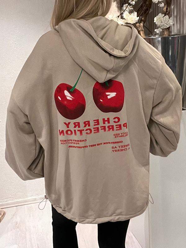 Women's Cherry Printed Hooded Autumn Sweatshirt