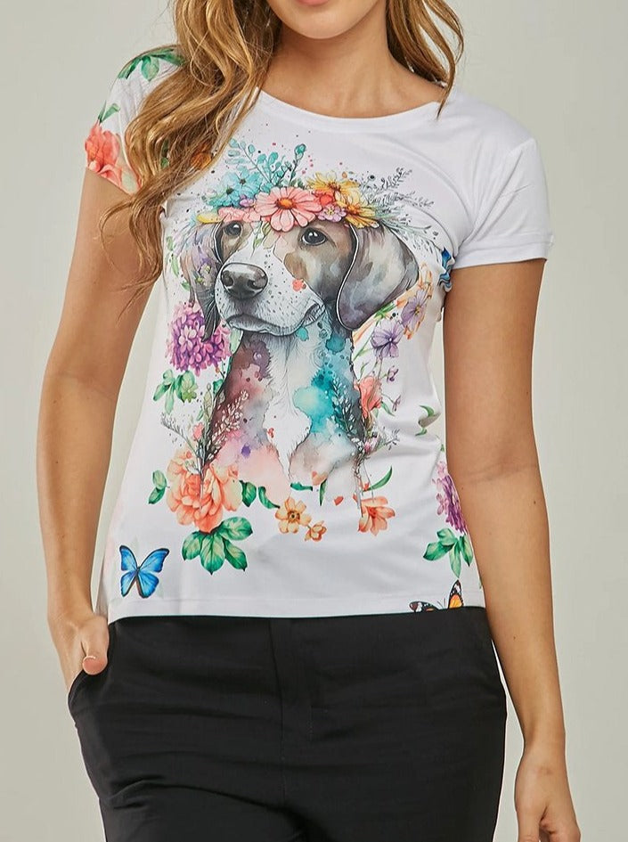 Round Neck Puppy Print T-shirt