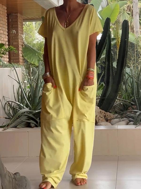 Casual V-neck Solid Color Jumpsuit