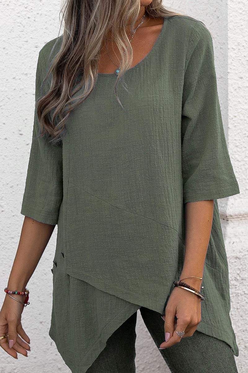 Women's cotton and linen round neck irregular hem top