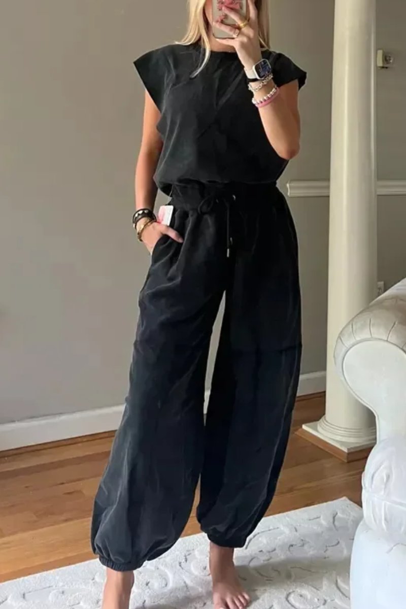 Women's Casual Drawstring Sleeveless Wide Leg  Jumpsuit