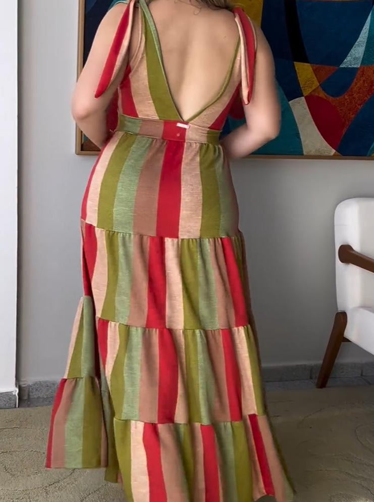 Elegant and Stylish V-neck Sleeveless Color Block Matching Maxi Dress