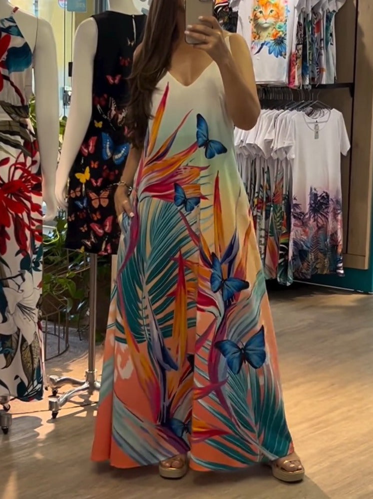 V-neck Resort Style Butterfly Printed Slip Dress