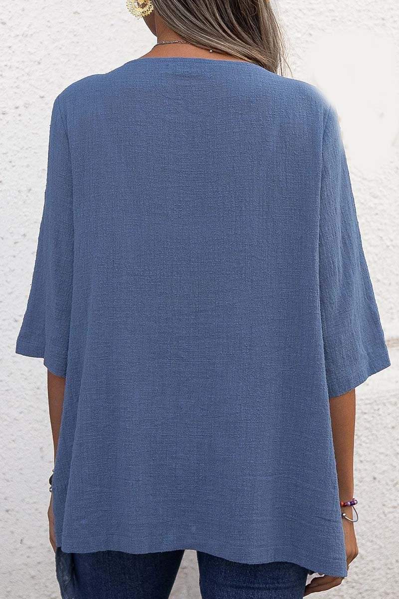 Women's cotton and linen round neck irregular hem top