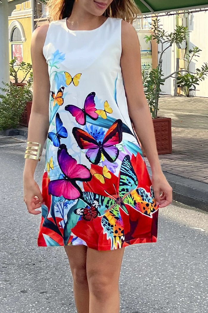 Round Neck Sleeveless Butterfly Print Short Dress