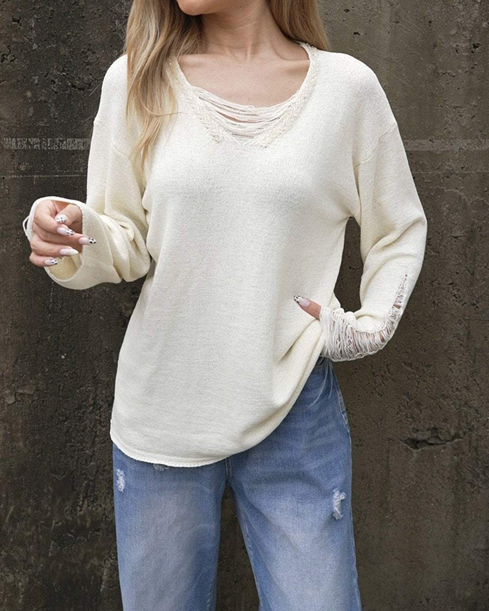 Women's Fashionable V-neck Beaded Sweater Tops