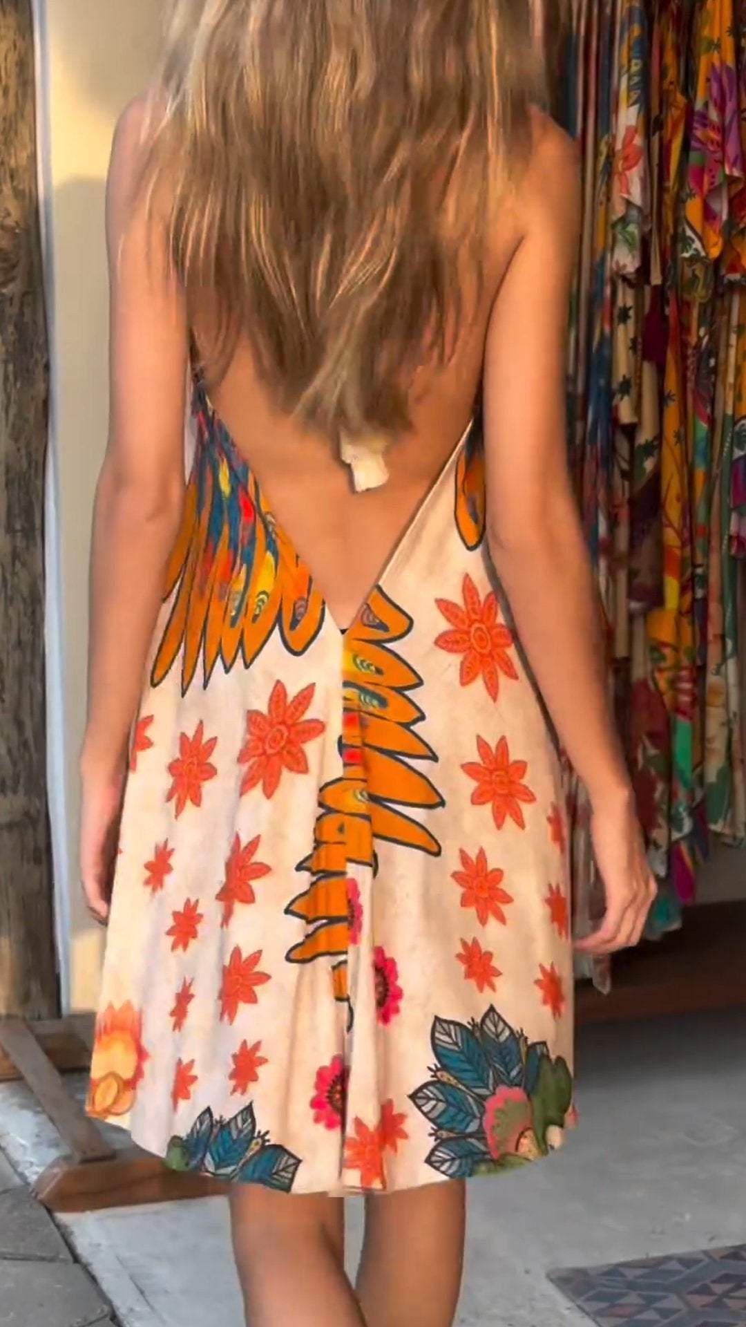 Resort Style Deep V-neck Backless Printed Dress