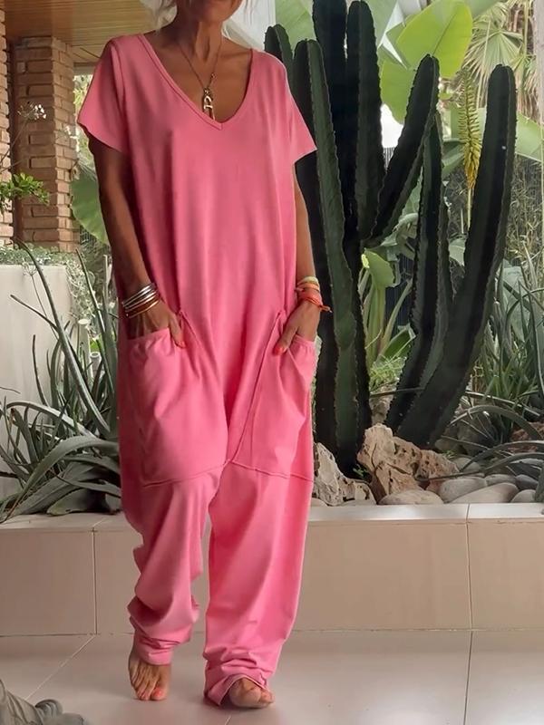 Casual V-neck Solid Color Jumpsuit