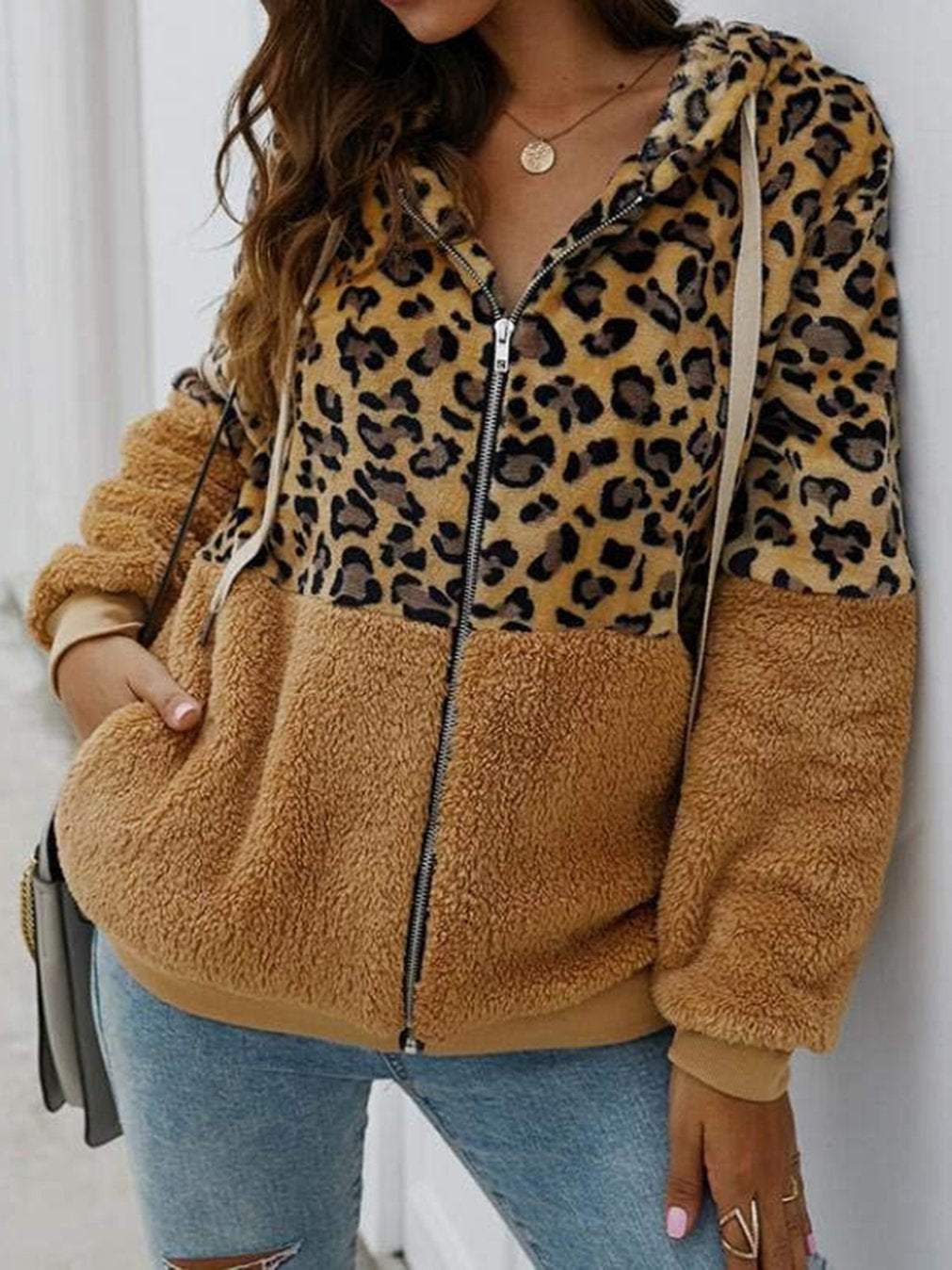 Women's Casual Leopard Print Patchwork Hooded Plush Jacket