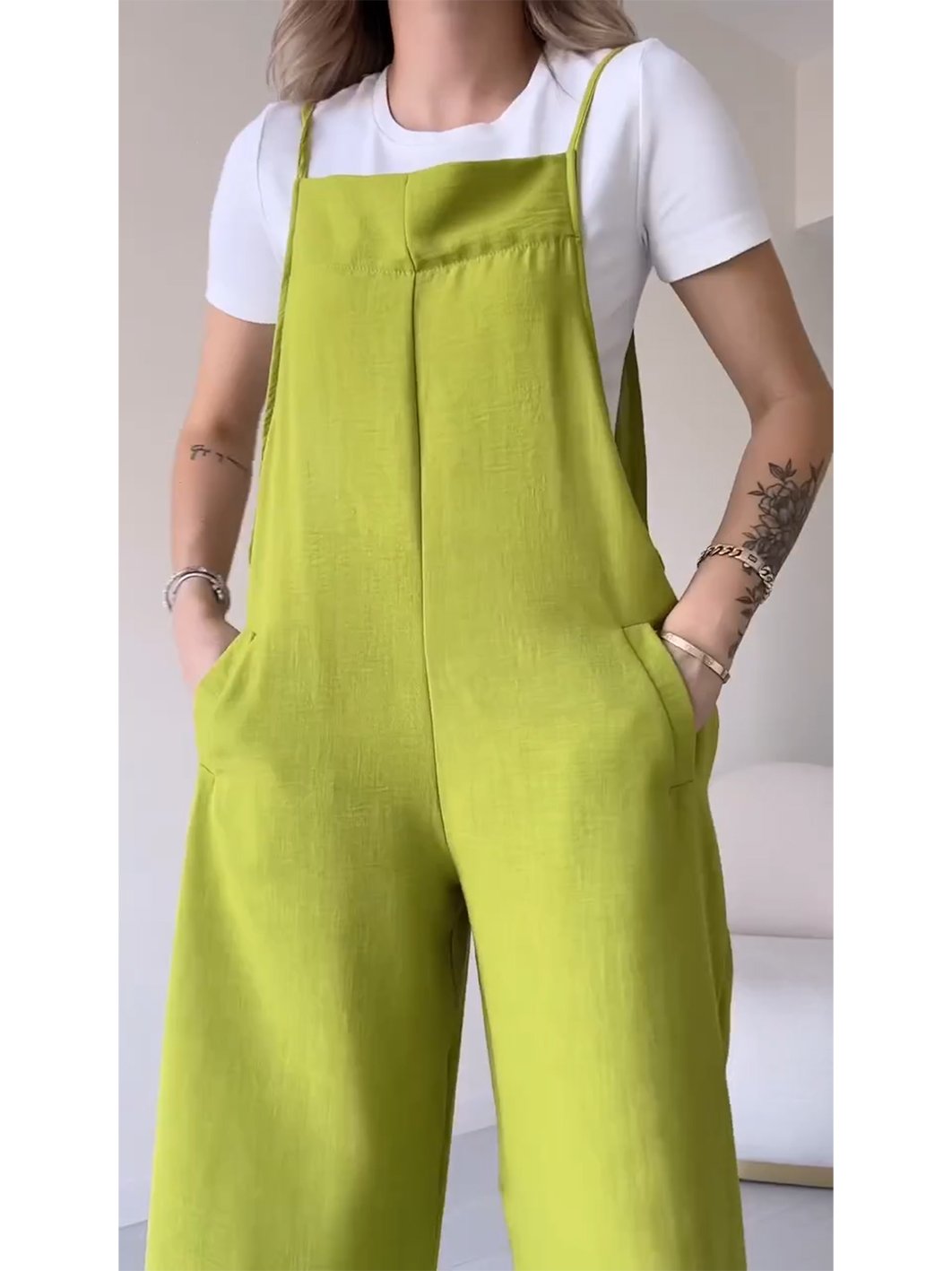 Solid Color Cotton and Linen Jumpsuit