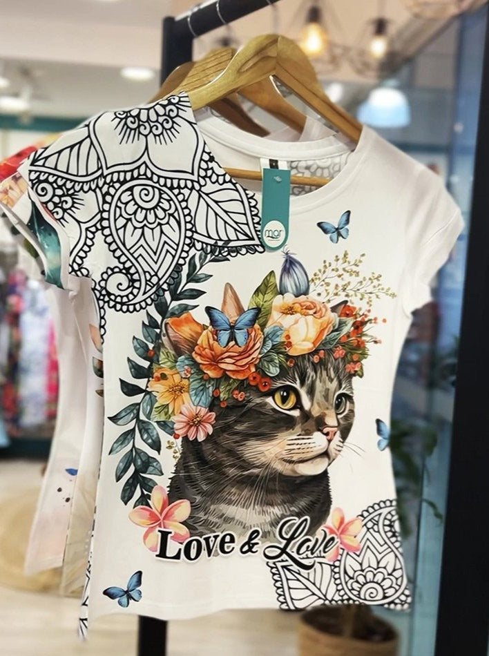 Round Neck Cute Kitten Print T-shirt