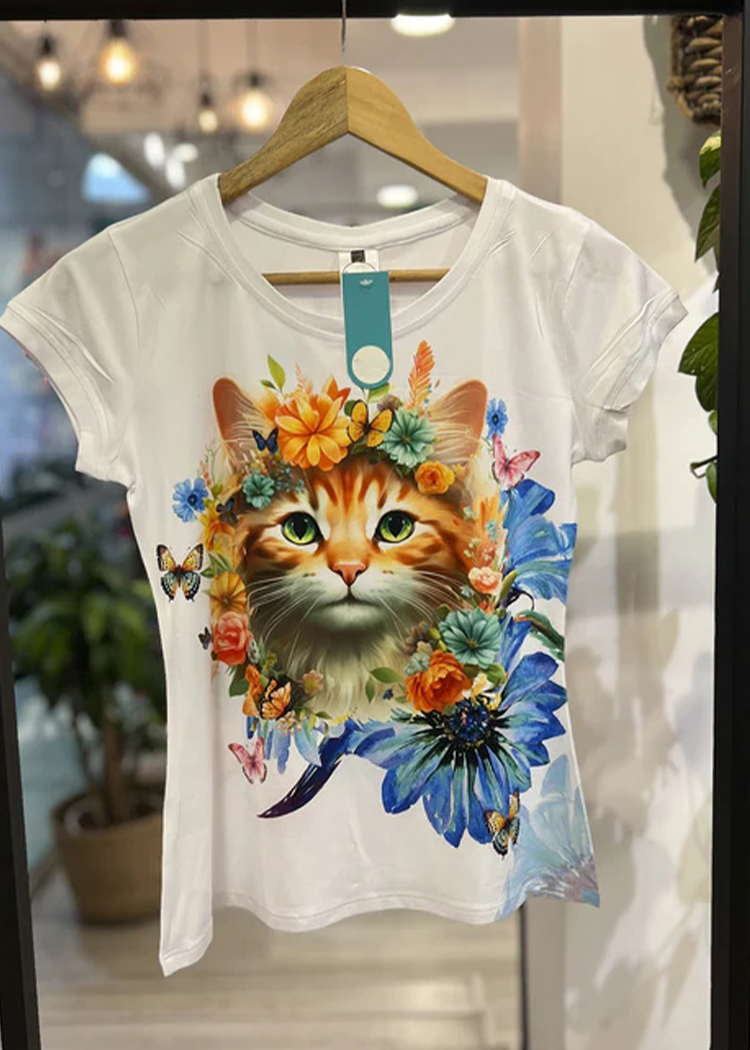 Round Neck Cat Print T-shirt