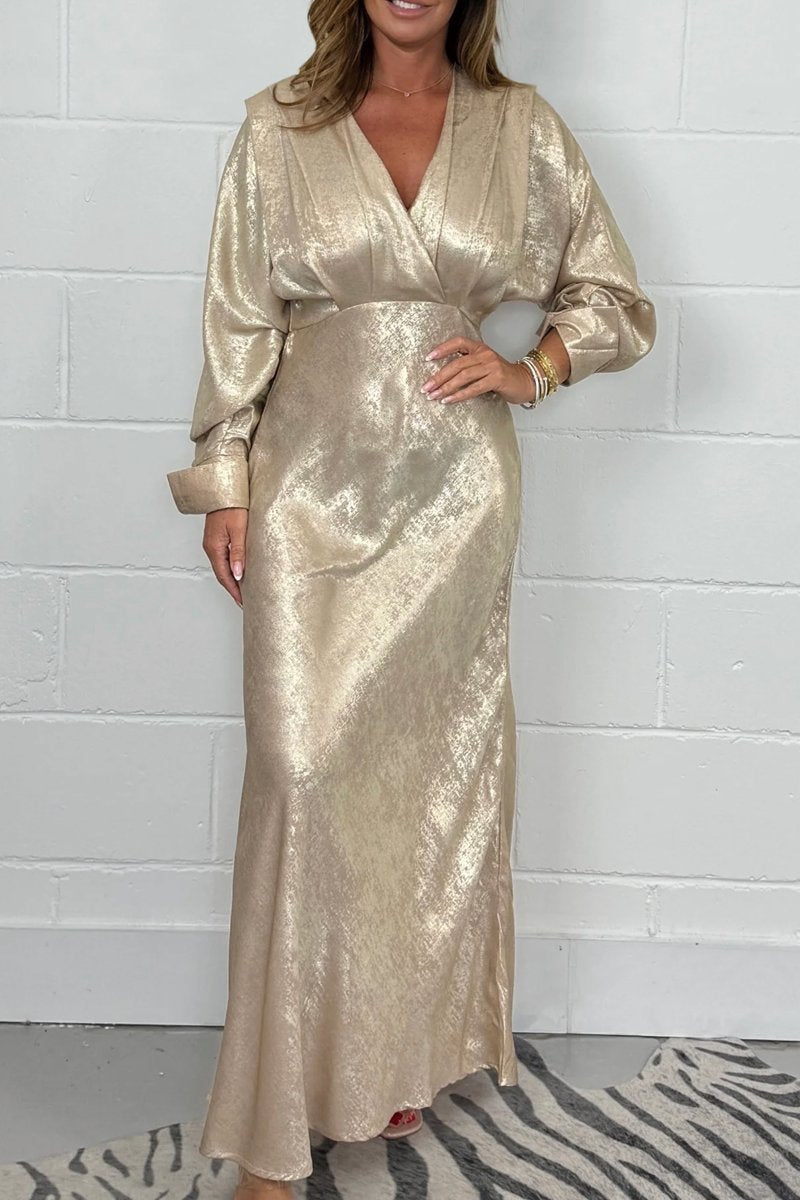 Women's Gold Shimmer Button Cuffed Long Sleeve V-Neck Maxi Dress