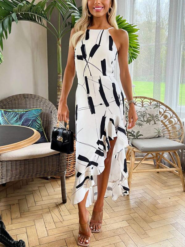 Black And White Frill Hem High Neck Midi Dress