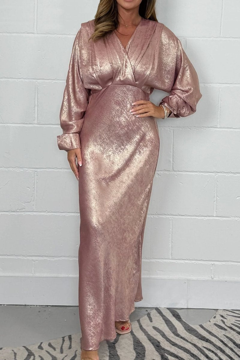 Women's Gold Shimmer Button Cuffed Long Sleeve V-Neck Maxi Dress