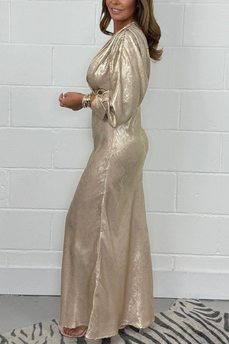 Women's Gold Shimmer Button Cuffed Long Sleeve V-Neck Maxi Dress