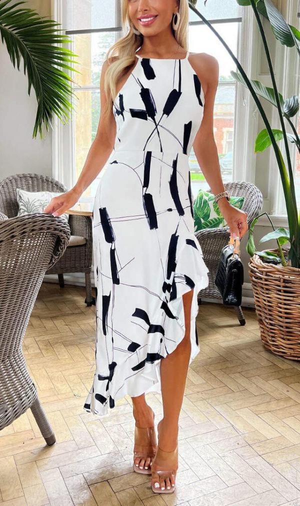 Black And White Frill Hem High Neck Midi Dress